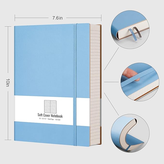 AHGXG Thick Notebooks - B5 Large Lined Journal for Women, 320 Numbered Pages Notebooks College Ruled, 100gsm Thick Paper, Leather Softcover, 7.6'' X 10''- LightBlue