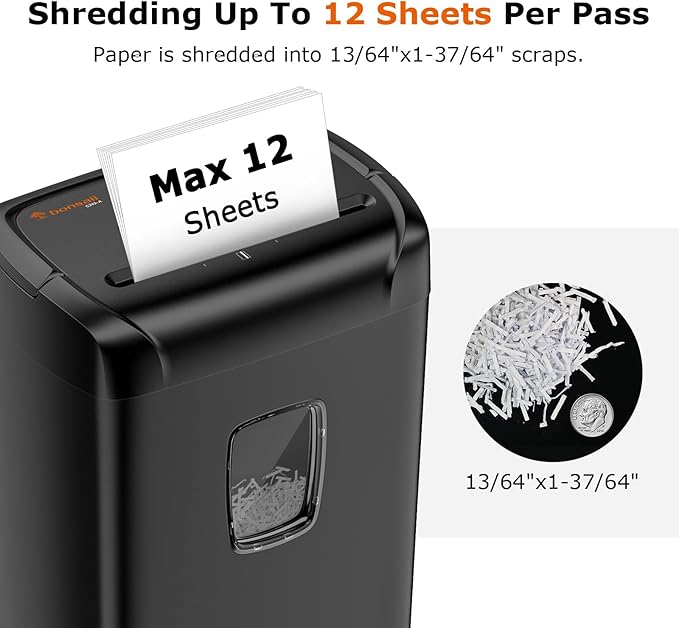 Bonsaii 12-Sheet Paper Shredder for Home Office Use, 10-Minute Cross Cut Shredder with 5.5 Gallons Bin, P-4 High Security Heavy Duty Office Shredder Shred CD/Credit Card