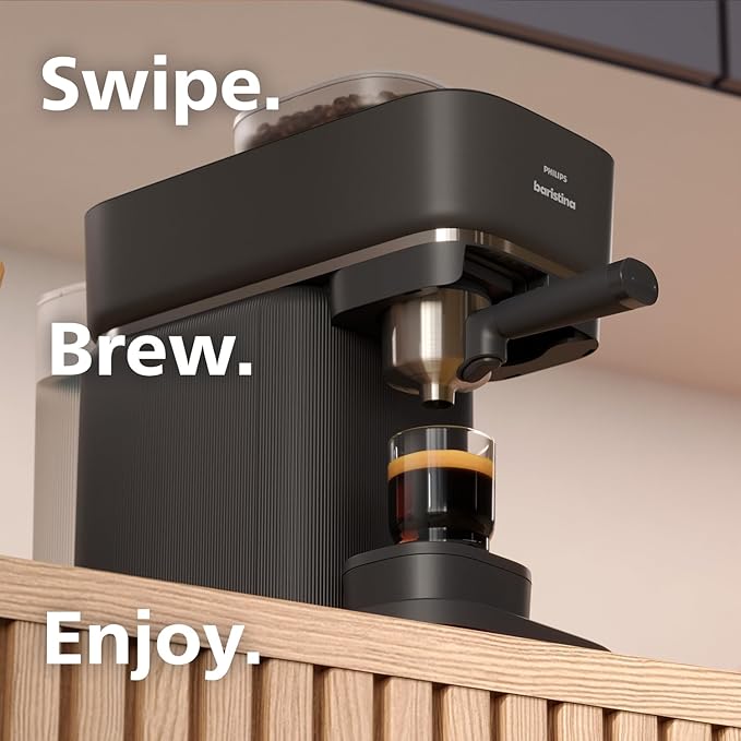 Philips Baristina Espresso Machine+Milk Frother Bundle. Real espresso. Compact coffee machine, portafilter, grinder, Cafe Crema. Dairy & Non-Dairy Milk foam. Hot & Cold. Easy Clean. Black (BAR303/60)
