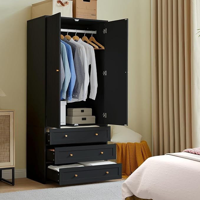 71" Wardrobe Closet Armoire, Wardrobe Armoire Wooden with 2 Doors, 3 Drawers Household Freestanding Wooden Closet Storage Cabinet for Bedroom (Black)