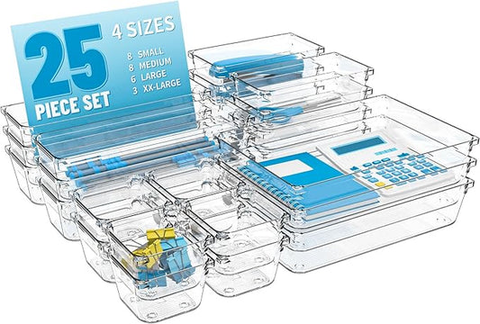 25 pc Clear Plastic Drawer Organizer Set,4 Size Small Storage Containers for Organizing Jewelry,Utensil,Junk,Tea,Makeup,Shallow Drawer Organizers Tray Suitable for Office,Desk,Bathroom,Vanity,Kitchen