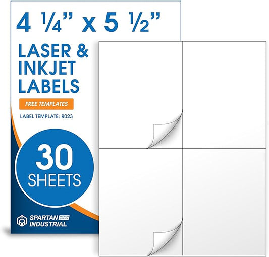 4.25" X 5.5" Matte White Shipping Labels Compatible with Inkjet and Laser Printers - 30 Sheets, 120 Total Printable Stickers for Mailing, Product Labeling, Organization - Spartan Industrial