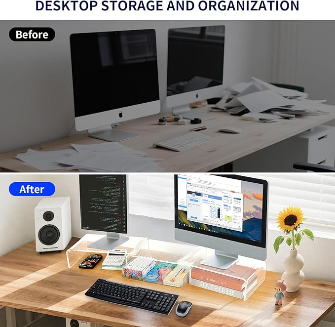 Clear Acrylic Desk Organizers and Accessories, Dual Computer Monitor Stand Riser with Drawer, Desk Shelf for Monitor, Workspace Desktop Organization for Office Supplies