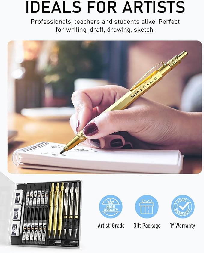 Nicpro Gold Art Mechanical Pencil Set, Metal Drafting Pencil 0.5, 0.7, 0.9mm & 2mm Lead Holder(2B HB 2H) For Sketching Drawing With Lead Refills Case
