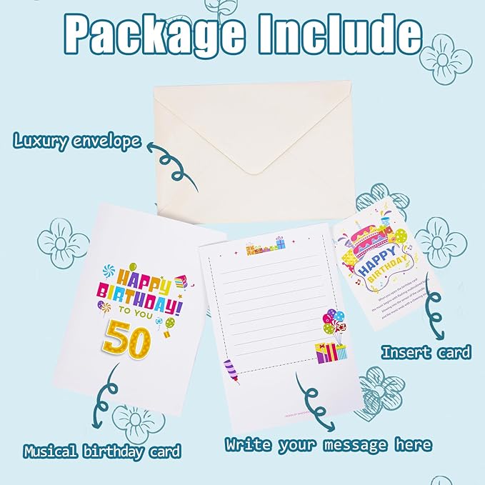Gumry 50TH Musical Birthday PopUp Card, Blowable Colorful Light Candle 3D Cards with Song, Applause Cheers Sound, Greeting Cards Birthday Gifts Decorations for Women Men Turning 50 Years Old