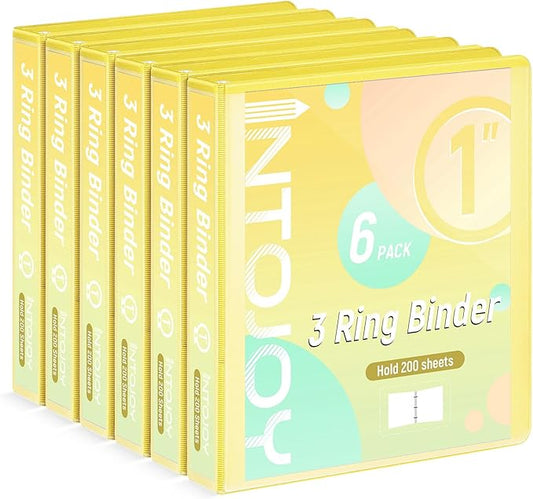 3 Ring Binder 1 Inch, IntoJoy 6 Pack Clear View 3 Hole Binder PVC-Free Fits 8.5x11 Inch Paper Flexible Round Ring Binders for School Office Home Binder Supplies (Yellow)