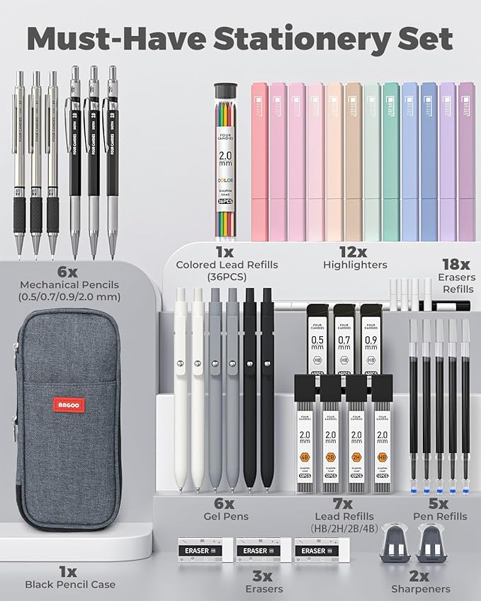 Four Candies 45 PCS School Supplies with Pen Case, 6 Gel Pens, 6 Art Mechanical Pencil Set, 12 Highlighters for College Essentials Office Stationery (Black)