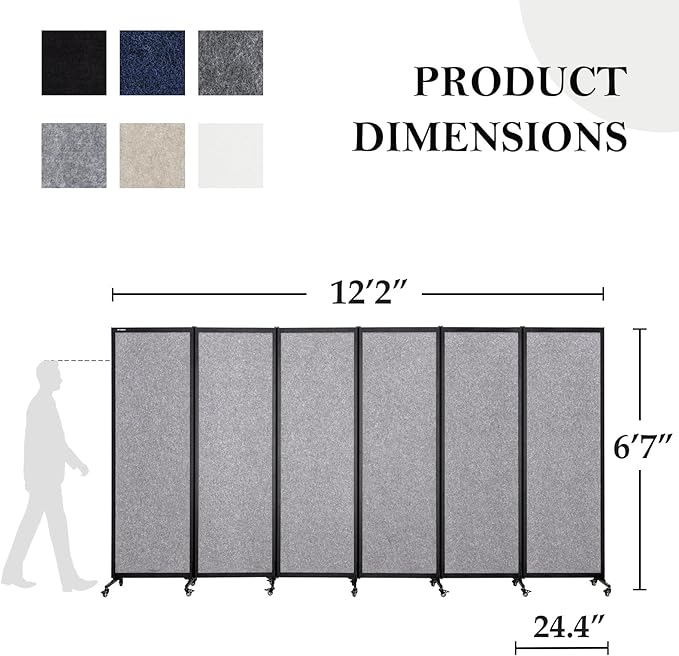 Upgrade Version Room Partition and Divider, Freestanding Rolling Dividers with Wheels,Office Privacy Screen Divider Wall,Classroom Felt Dividers,12'2"L* 6'7"H,6 Panel，Light Grey