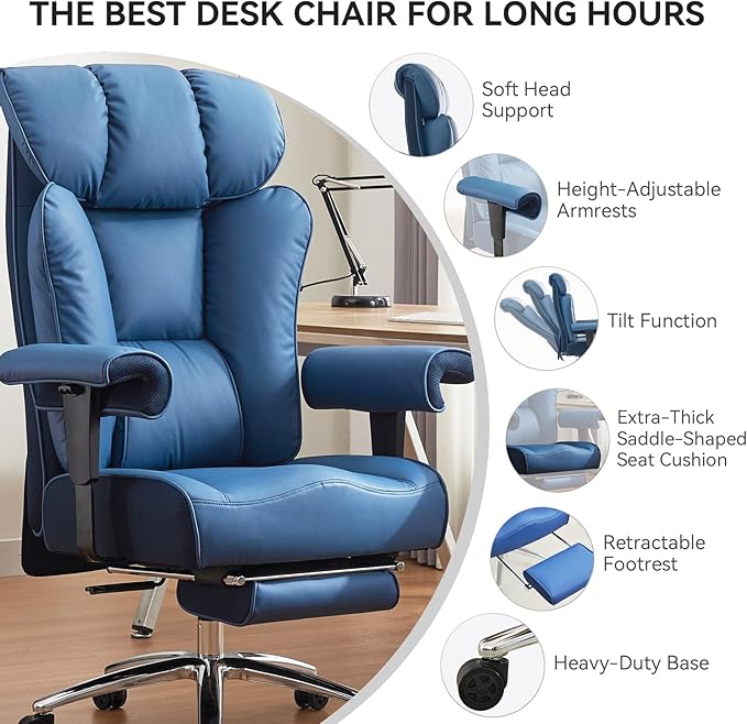 Efomao Ergonomic Office Chair 450LBS with Foot Rest, High Back PU Leather Big and Tall Executive Chair with Adjustable Padded Armrests, Lumbar Support for Home or Work, Heavy Duty Computer Chair, Blue