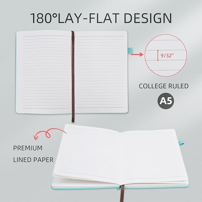 Lined Notebook Journal for Women Men 200 Pages A5 Hardcover Leather with Pen Holder College Ruled Journals for Work Note Taking Travel School Turquoise