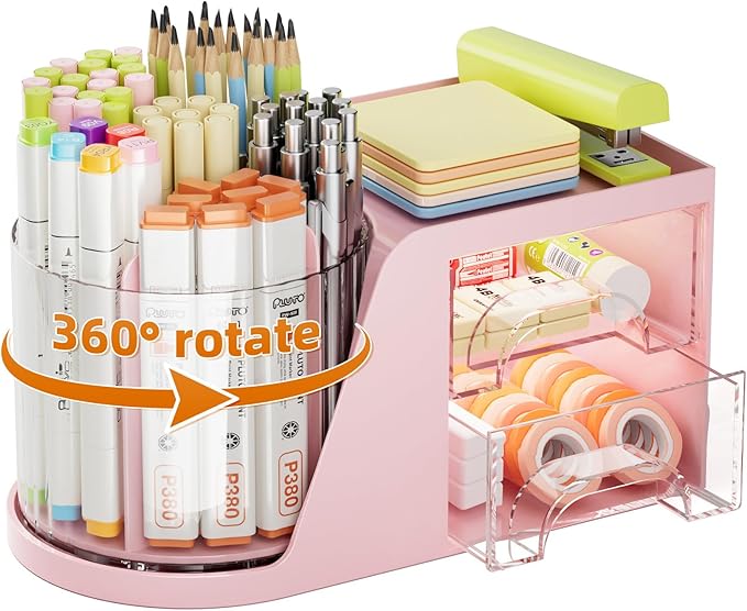 Marbrasse Desk Organizer with 2 Drawer, 360°Rotating Pen Holder for Desk, Desk Organizers and Accessories with 6 Slots Pencil Organizer + 2 Drawer, Art Supply Storage Box Caddy for Office (Pink)