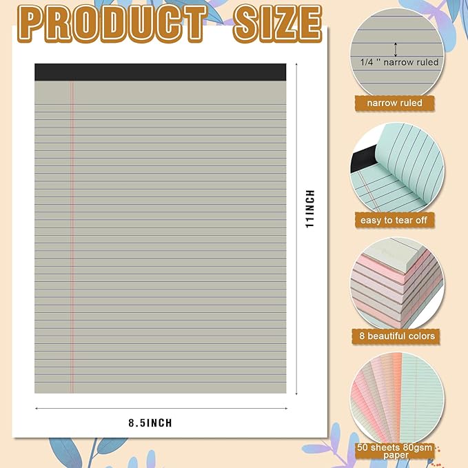 Fuutreo 8 Pcs 8.5'' x 11'' Colored Legal Pad Writing Pads Narrow Ruled 50 Sheets Per Notepad Perforated Writing Notepad Office Supplies for College Office Business (Bohemian Color)