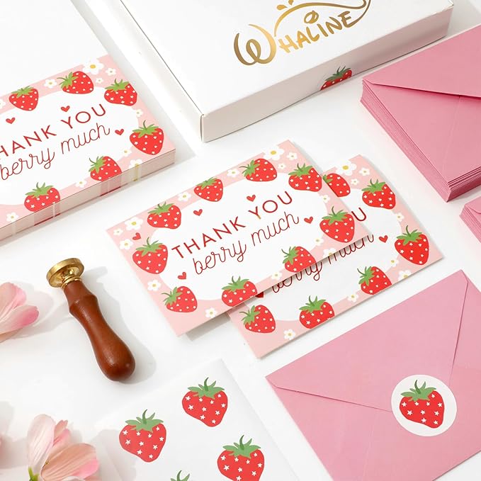 Whaline 50 Packs Strawberry Thank You Cards Red Pink Strawberry Flower Greeting Cards Blank Note Cards Boxed with Envelopes and Stickers for Birthday Baby Shower, 4 x 6 Inch