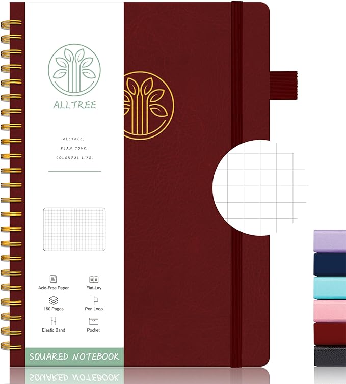 Alltree Spiral Graph Notebook Journal, Leather Hardcover Graph Notebook for Work, Twin Spiral Grid Notebook with Pen Loop, Pocket, 160 Pages, Journal for Women & Men, Burgundy(6"x8.5")