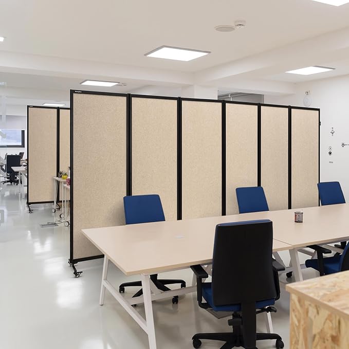 Upgrade Version Room Partition and Divider, Freestanding Rolling Dividers with Wheels,Office Privacy Screen Divider Wall,Classroom Felt Dividers,8'2"L* 6'7"H,4 Panel，Beige