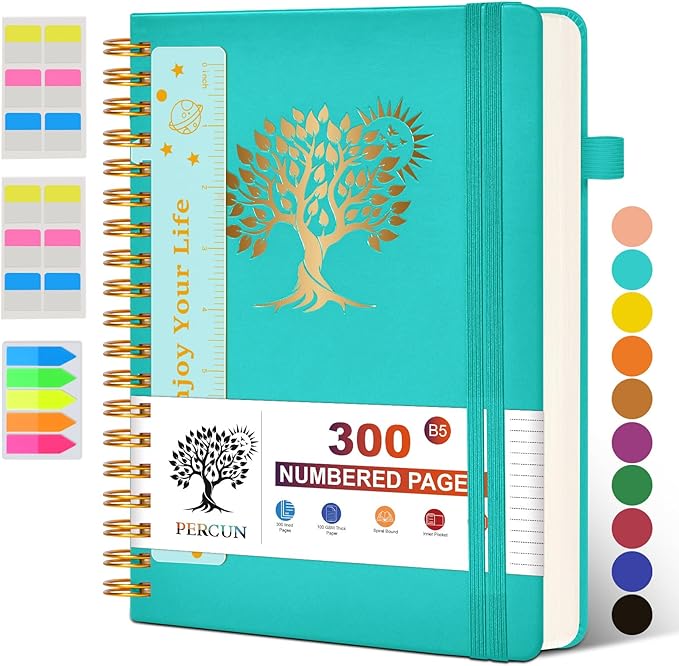 Large Spiral Notebook Journal for Women Men - 300 Numbered Lined Pages, College Ruled,B5 Hardcover Spiral Bound Notebook for School, Work, Note Taking, Writing, Leather Spiral Journal 7"x10"