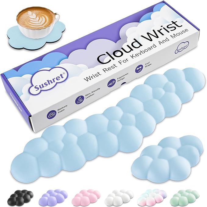 Cloud Wrist Rest Keyboard, Cloud Palm Rest Set with PU Leather Memory Foam, Cute Keyboard Rest for Wrist Support and Arm Rest, Desk Cloud Wrist Pad for PC/Gaming/Hand Cushion/Computer-Blue