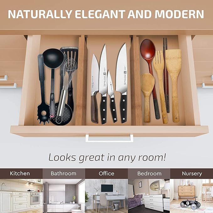 Large Kitchen Drawer Organizer - Expandable Bamboo Drawer Dividers (17" - 21.5") - Adjustable Separators for Kitchen, Clothes, Dresser, Bedroom, Bathroom, and Desk Drawers - 6 Pack
