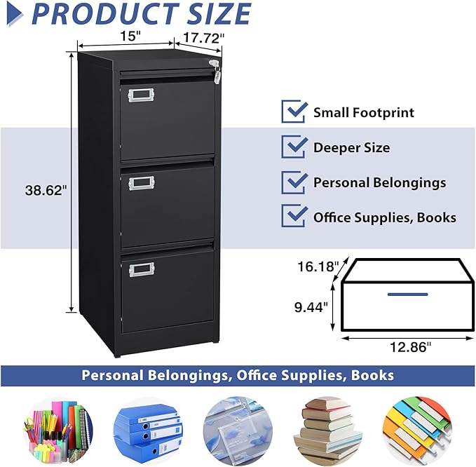 3-Drawer File Cabinet, Locking Metal Vertical File Storage for Home Office, Black, 15" W x 17.7" D x 38.6" H