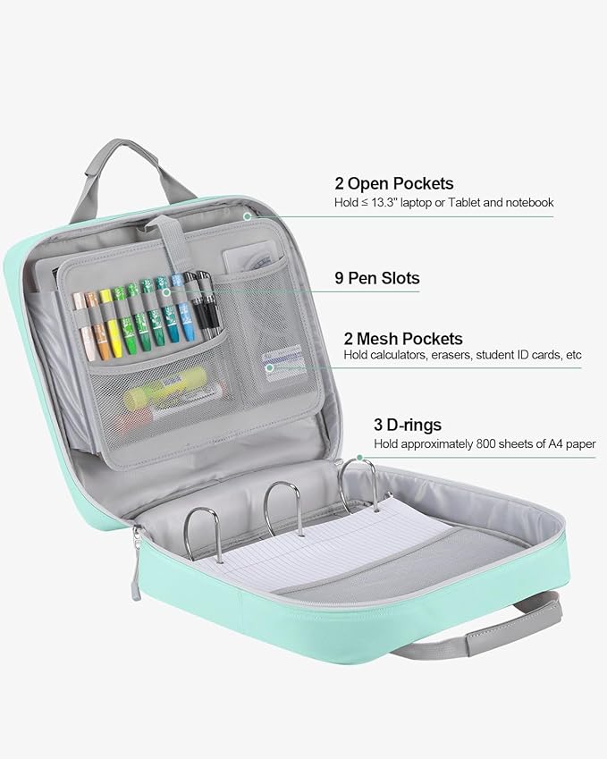 4 Inch 3 Ring Zipper Binder with Shoulder Strap & Handle & Multi-Pocket - 4" Binder with Zipper for School, Compatible with 13-Inch MacBook/Tablet -Patent Design Light Blue