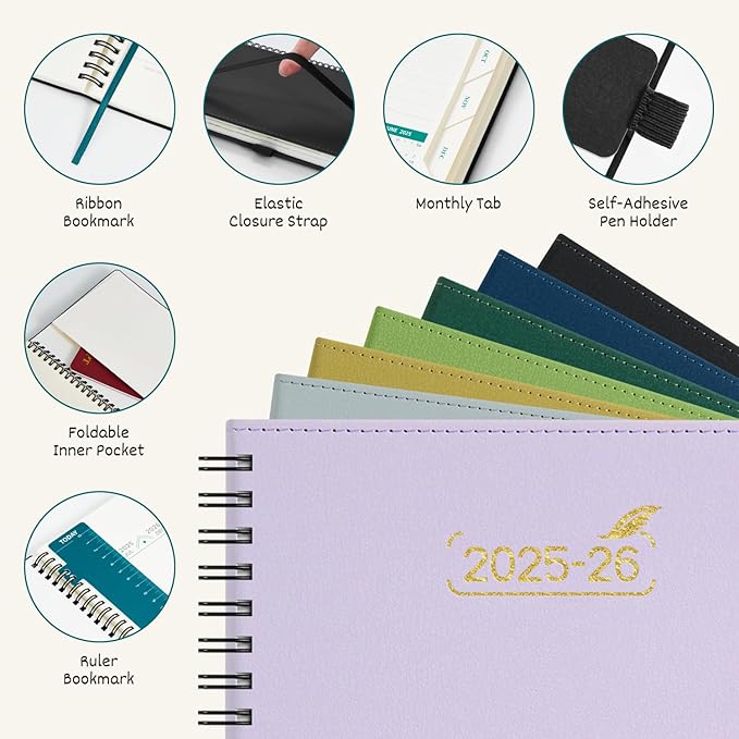 BEZEND Weekly Planner 2025-2026 with 2 Columns, 5.8" x 8.5" Academic Calendar 18 Months (Jul 25-Dec 26) Life Work Appointment Book with Monthly Tab, PU Leather Softcover Spiral - Evergreen
