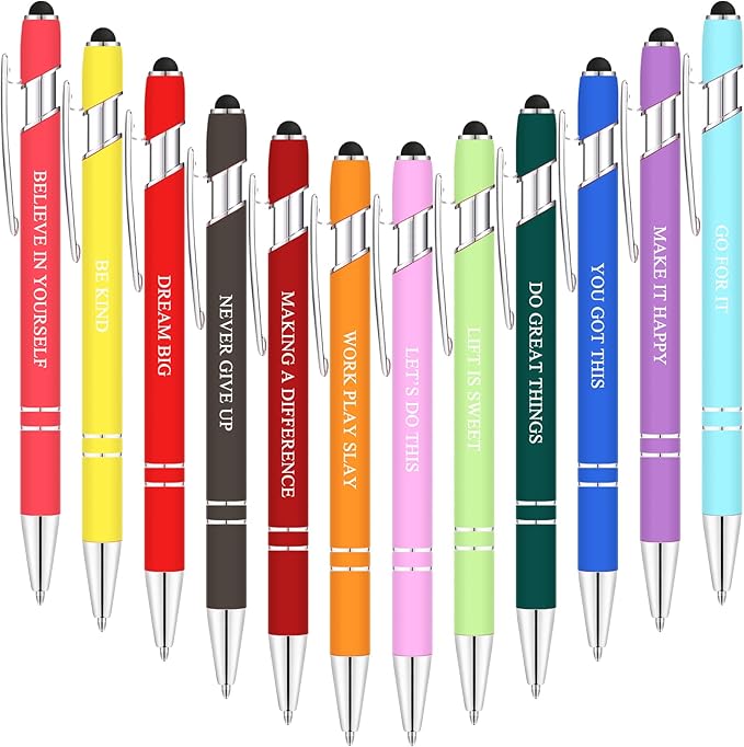 Zonon 12 Pieces Inspirational Pens Bulk Easter Basket Stuffers Motivational Quotes Ballpoint Pens with Stylus Tip Inspirational Gifts for School Office Teachers(Assorted Color,Motivational Style)