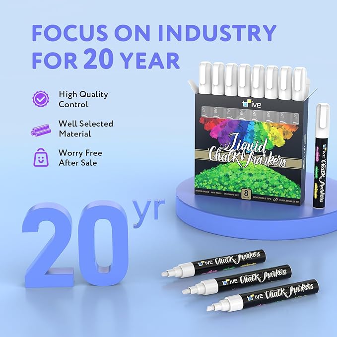 TFIVE White Chalk Markers - Dry & Wet Erase Marker Pens for Chalkboards, Signs, Windows, Blackboard, Glass, Mirrors, Liquid chalkboard markers with Reversible Tip and 24 Labels(8 Pack)
