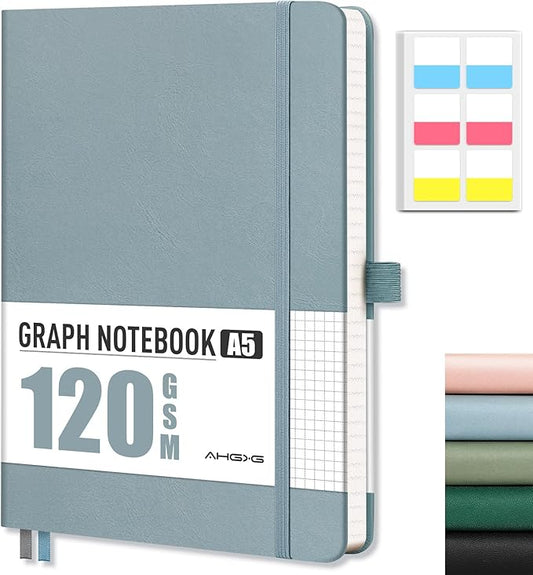 AHGXG Graph Paper Notebook - Grid Notebook Journal A5, 120 GSM Thick Graph Paper, 160 Pages, Leather Hardcover, for Graphing, Writing, Math, Engineering, 5.75'' × 8.38''- Gray Blue