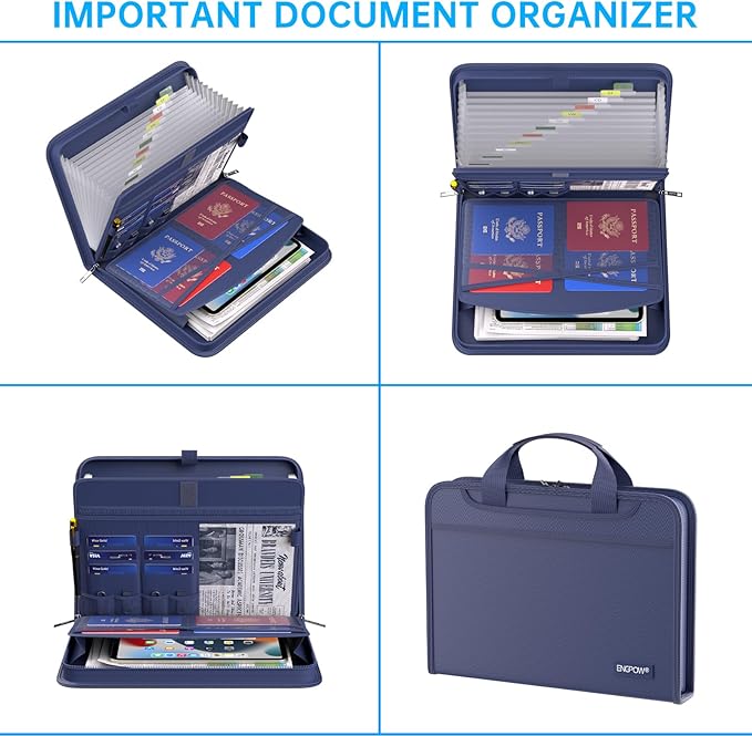 ENGPOW Accordion File Organizer,Fireproof Expanding File Folder with Multi Pockets,13 Pockets Document Organizer with Handle & Labels,Portable Home Travel Safe Storage Folder for Letter A4 Files,Blue