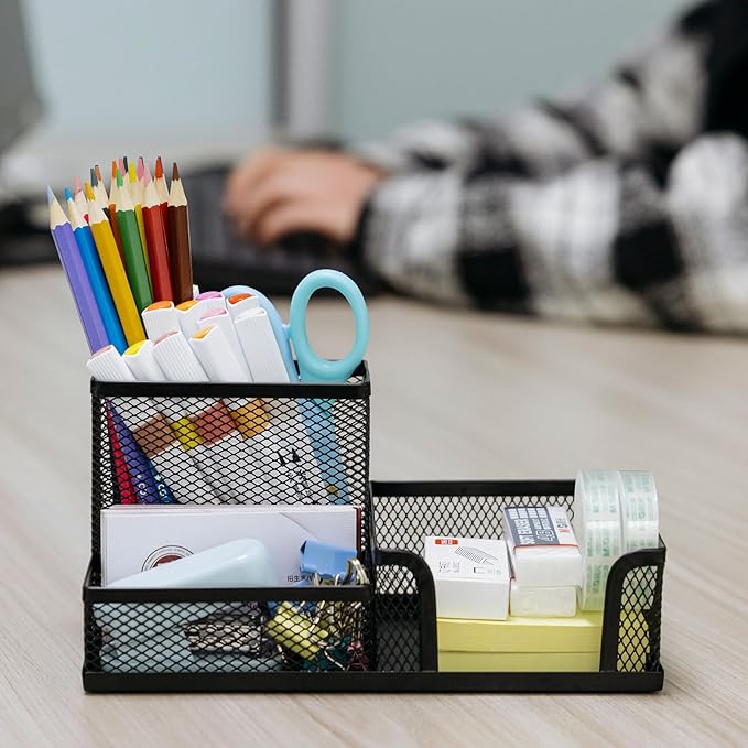 4 Pieces Mesh Pen Holder Desk Organizers and Accessories for Deskop Organizer,3 Compartments Black Pencil Holder for Office Supplies,Gifts for Colleague
