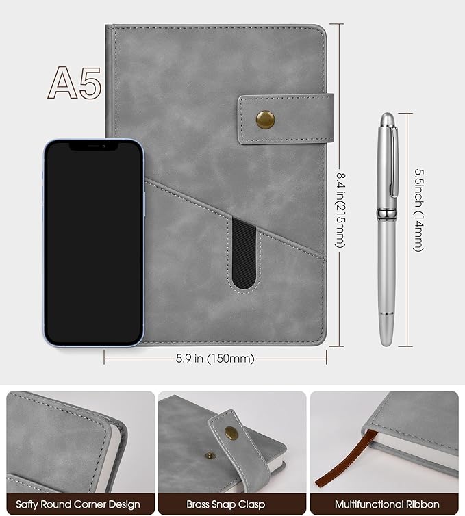 Grey A5 Lined Leather Journal Notebook for Men Women,5.9" X 8.4" Personalized Hardcover Journal with Pen,200 Pages 100 Gsm Thick Ruled Paper Daily Diary for Travel,Business,Work,Writing