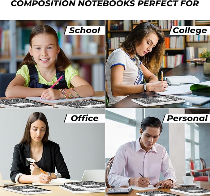 Graph Paper Composition Notebook, 5 Pack, 200 Pages (100 Sheets), Quad Ruled Composition Notebook, Graph Notebooks, 4x4 Grid Composition Notebook, Black Marble, Sewn Hard Cover, 9-3/4 x 7-1/2