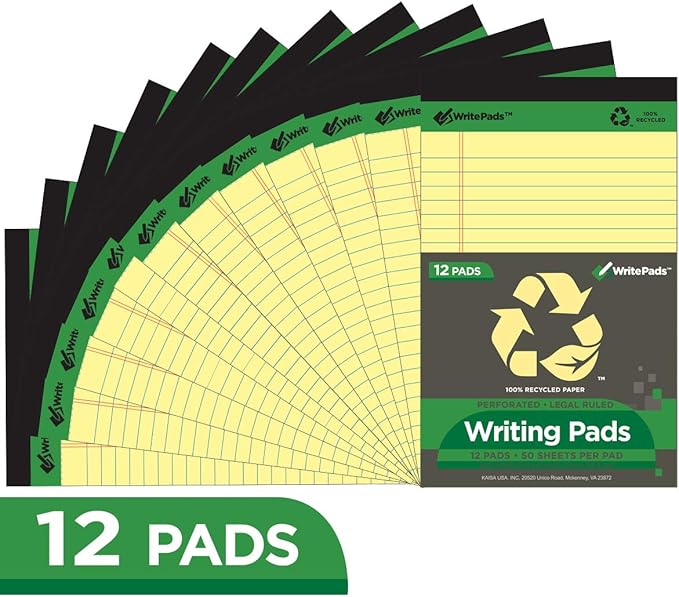 KAISA Legal Pad Writing Pads, Narrow Ruled 5"x8" 50 Sheets Perforated Recycled Paper Write Pad Notepad, Yellow/Canary(12pads), KSU-5675