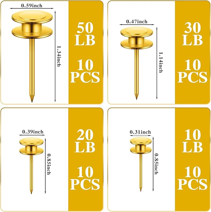 Ferraycle 40 Piece Double Headed Picture Hangers Nails 4 Size Long Thumb Tacks for Wall Hanging Decorative Nails Push Pins Picture Hooks for Drywall Photo Decor, 10/20/ 30/ 50lb(Gold)