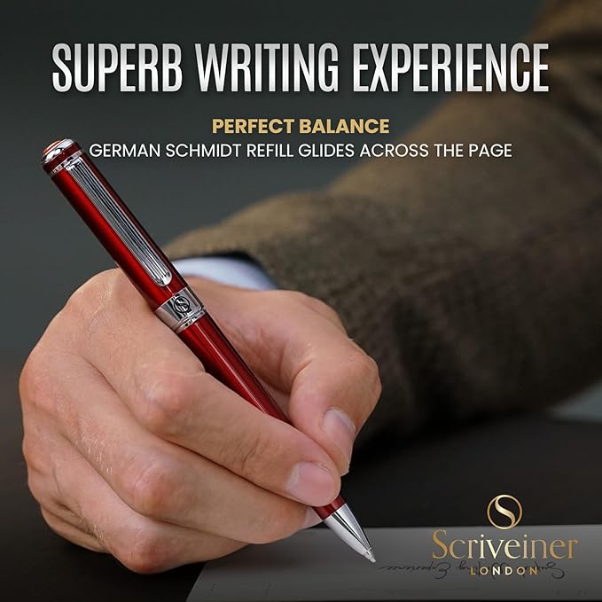Scriveiner Personalized Deep Crimson Red Pen - Stunning Red Lacquer Luxury Pen with Chrome Finish, Schmidt Ink Refill, Best Engraved Ball Point Gift Set for Men & Women, Custom Name Engraving