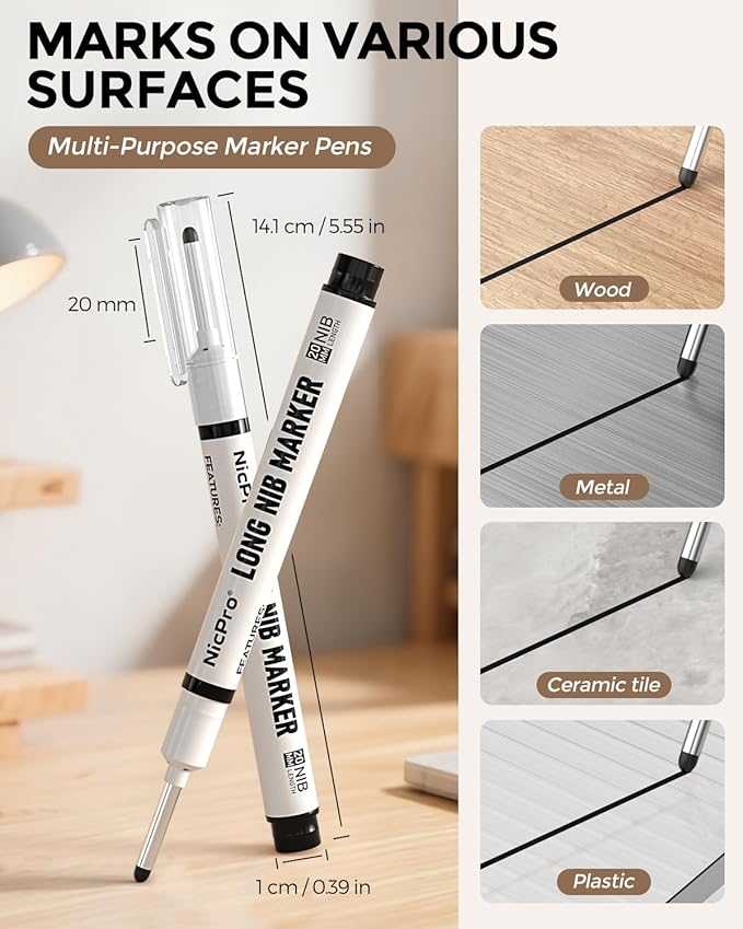 Nicpro 72 PCS Long Nib Marker Pens, 20mm Deep Hole Markers Bulk, Quick Dry & Waterproof Construction Marker, Long Head Mark Pens for Metal, Steel, Tile, Glass, Carpenter Marking Tool for Woodworking