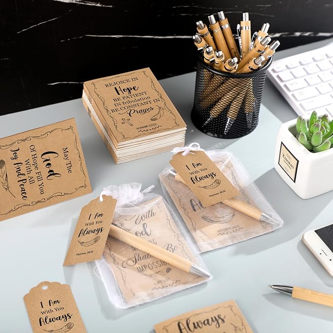 200 Pcs Bible Verse Sets Church Christian Gift Include 50 Scripture Notebooks 50 Bible Bamboo Pens 50 Thanks Tags 50 Organza Bags for Women Man Christian Party Gifts(Brown,Bible)