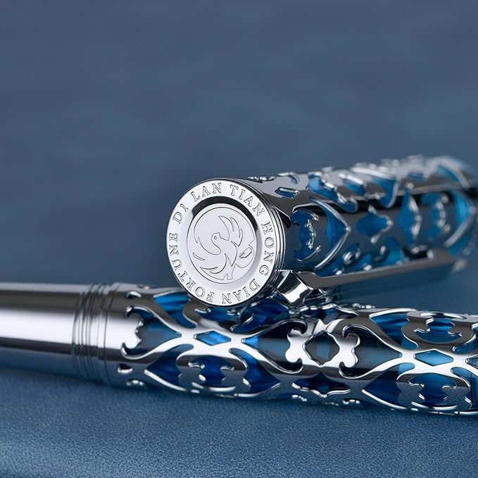 Hongdian D1 Piston Fountain Pen Fine Soft Nib, Silver Blue Hollow Skeleton & Resin Pen with Metal Case Set