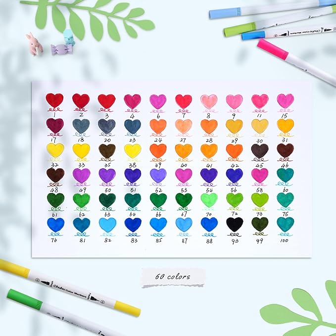 Ohuhu Markers for Adult Coloring Books No Bleeding 60 Colors Coloring Markers Water-based Dual Tips Fineliner & Brush Drawing Pens Art Markers for Kids Adults Sketch Journal - Maui - White