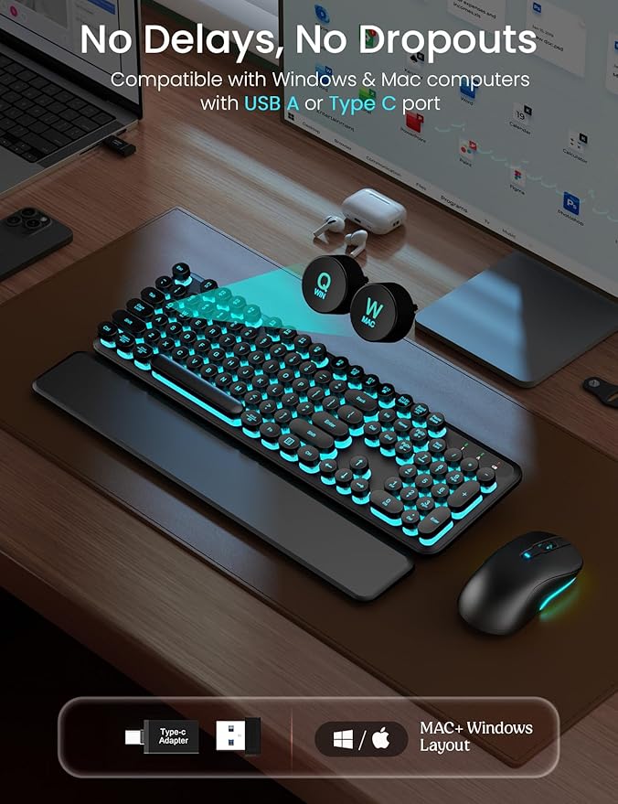 Wireless Keyboard and Mouse Backlit - Typewriter Keyboard with Detachable Wrist Rest, Retro Round Keycaps, Light Up Letters, 2.4G Cordless Combo for Mac, Windows, PC, Laptop, Trueque [2024 Upgraded]