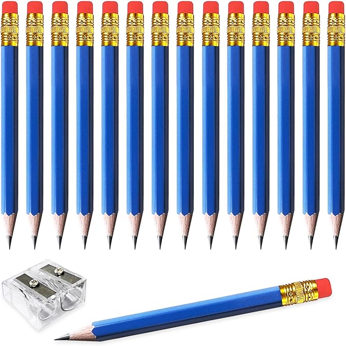 Adhere 25pcs Golf Pencils with Eraser Pre sharpened Hexagon half Wooden Pencils Graphite 2B for Golf Event Scoring,Classroom,Wedding,Company Meetings,Pew, Pocket (Blue)