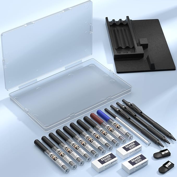 Nicpro Black Metal 2.0 Mechanical Pencil Set with Case, 3 PCS Drafting Lead Holder with 2mm Graphite Lead Refill (HB 2H 4H 2B 4B) & Colors, Sharpeners, Erasers for Artist Writing, Drawing, Sketching