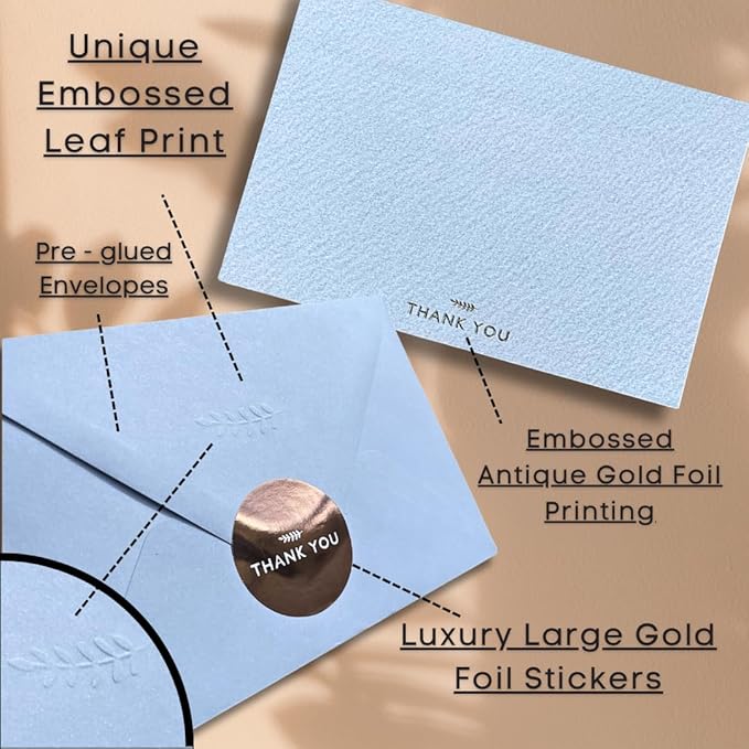 RUN2PRINT (36 Pack Thank You Cards With Envelopes & Foil Stickers - Elegant Dusty multicolored Emboss Gold Foil Pressed - Blank Notes Wedding, Bridal, Baby Shower, Business and Formal All Occasion Cards