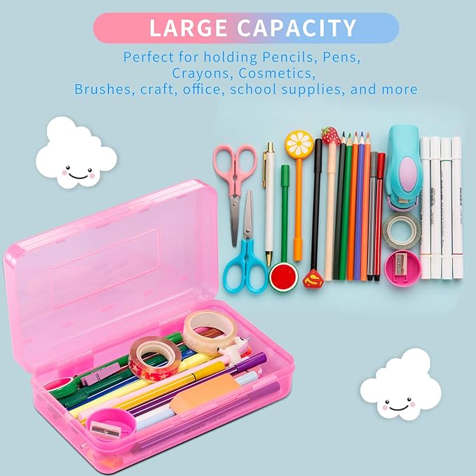 Sooez 3 Pack Pencil Case, Large Pencil Box Bulk, Clear Crayon Box Marker Pen Organizer, Plastic Storage Container with Snap-tight Lid, Stackable School Art Supply Bead Craft Organizer, Colorful