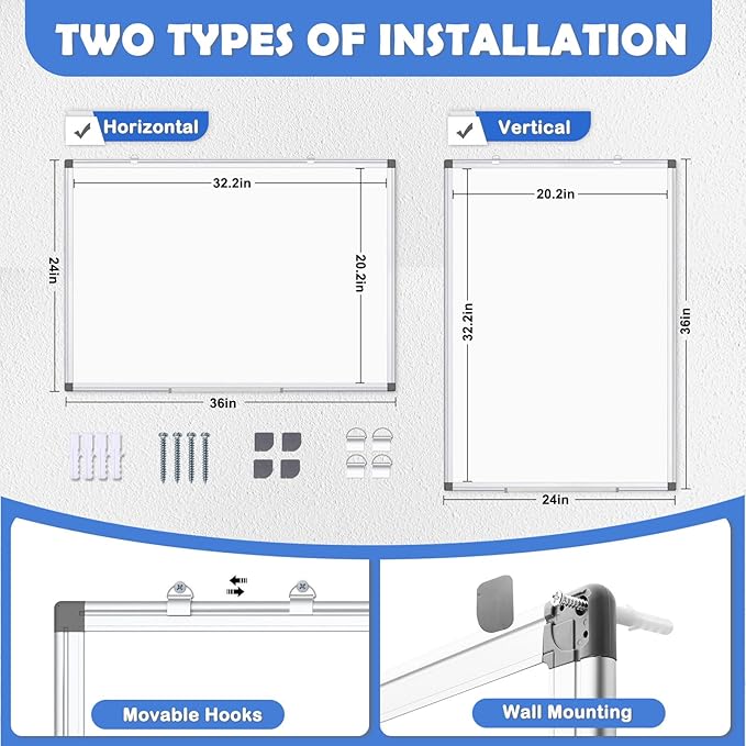 WALGLASS 3 Pack White Board, 36" x 24" Double-Sided Dry Erase White Board for Wall, Hanging Mounted Whiteboard, Horizontal or Vertical Silver Aluminium Frame for Home, School, Office, Kitchen