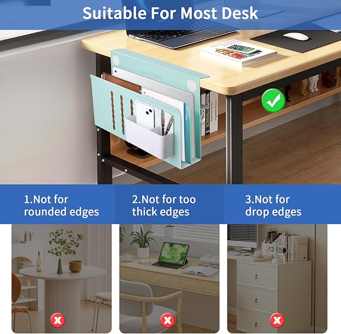 LUKETURE Desk Side Storage, 2 Tier Steel Hanging Organizer, No Drill Side Desk Organizer, Laptop Holder, with Pen Holder, Hanging Table Storage for Office and Home (Blue, L(2 Tier))