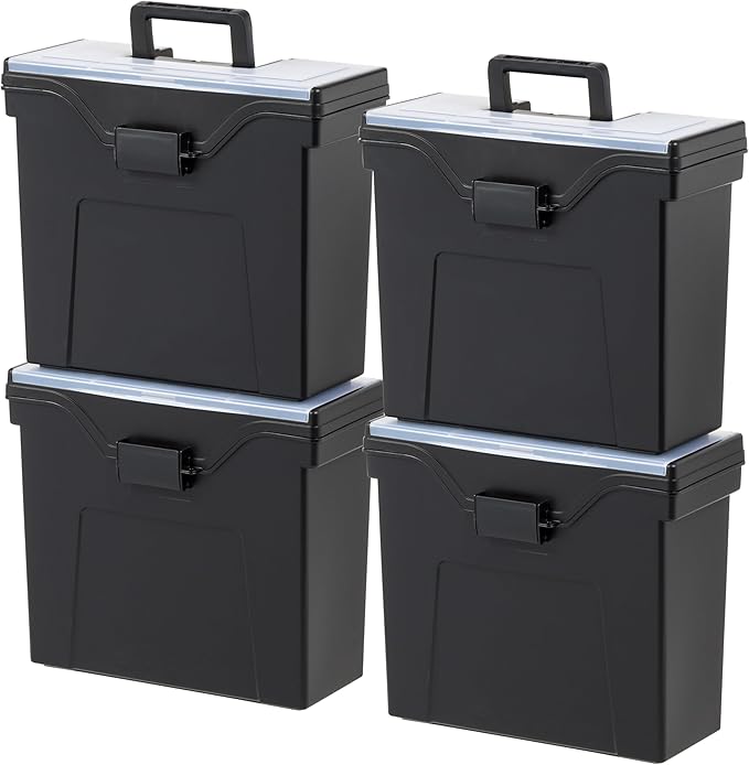 IRIS USA File Box Slim with Lid File Organizer for Letter File w/ Organizer-Lid, Water Resistant Document Box, Plastic Mobile Filing Organizer, Secure Buckle, Portable Handle, Lockable, Black 4 Pack