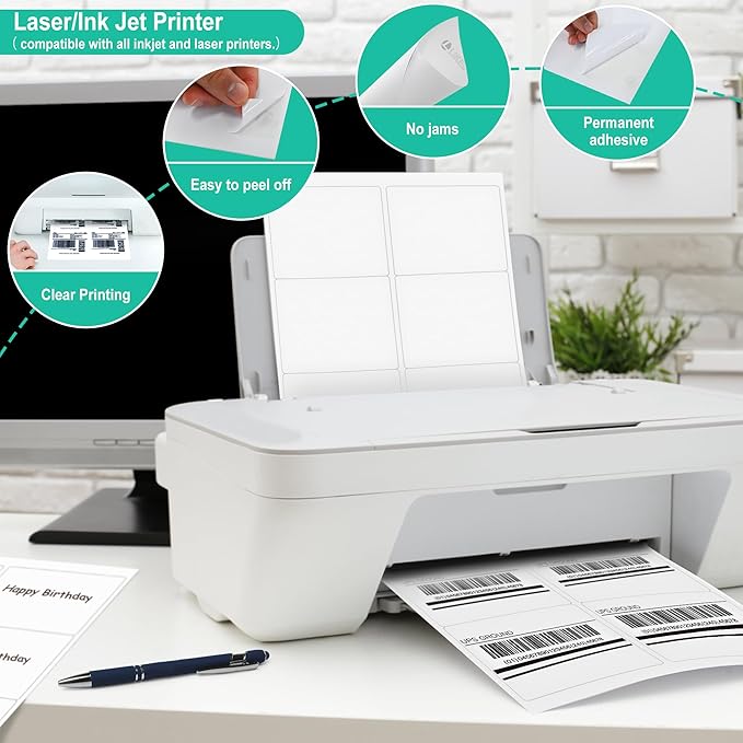 L LIKED 3-1/3" x 4" 600 Labels, Printable White Sticker Labels, Laser/Inkjet Printing - Matte, 100 Sheets