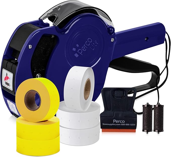 Perco Lite 1 Line Price Gun with Labels Kit - Includes 3 White Rolls, 3 Yellow Rolls, 2 Ink Rollers, 1 Ink roll and Labels Pre-Loaded