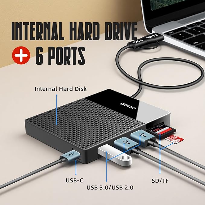 Portable Docking Station External Hard Drive 500GB Storage Hub, Multiport USB-C Huc + HDD 7-in-1, USB 3.0, SD/TF Card, HDD for Windows, Mac, Android, TV, Phone, Laptop, Desktop, PC